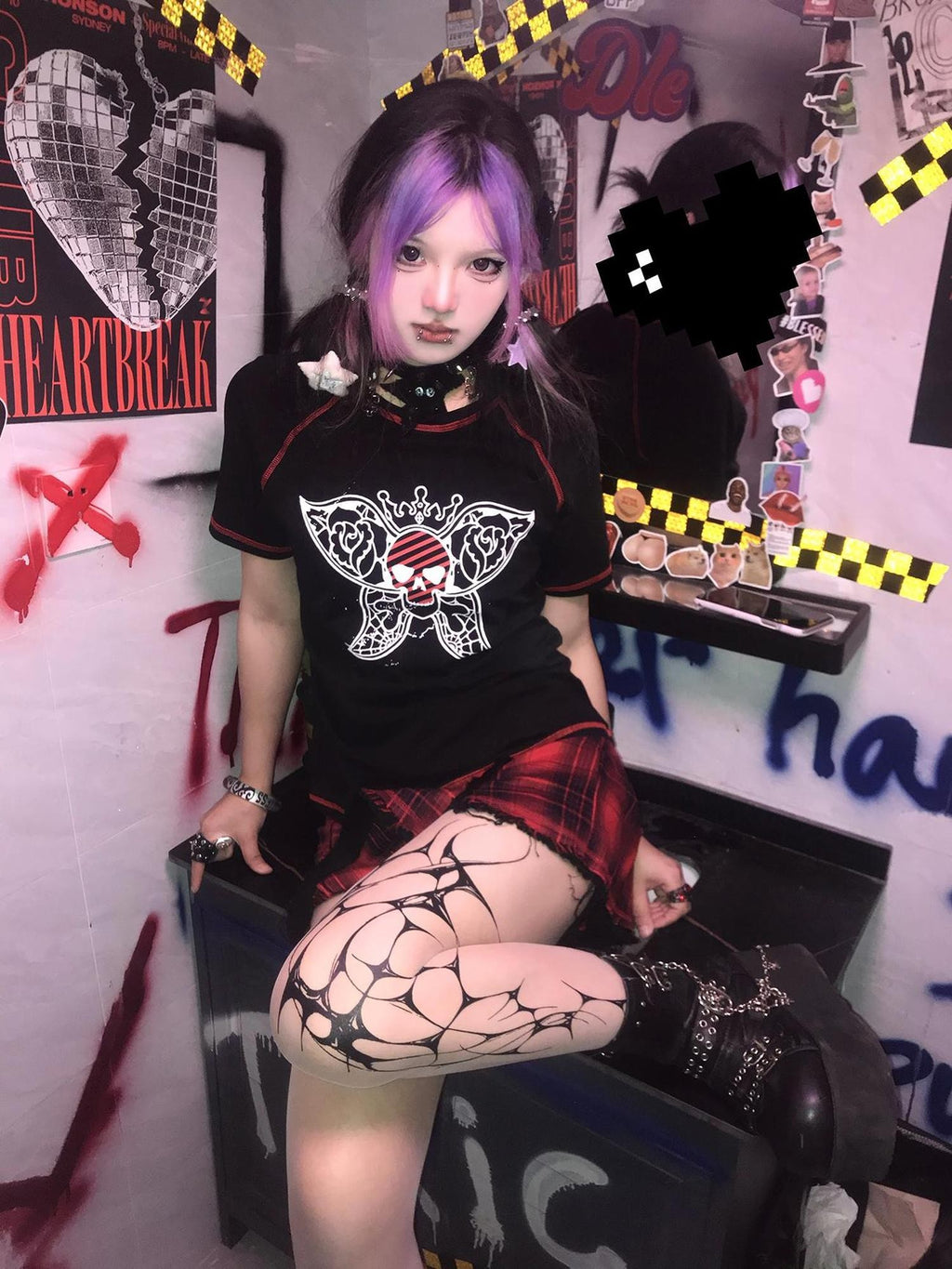 Alita26SS Rock Punk Print Heart Skull Butterfly Women's Cotton Slim T-shirts