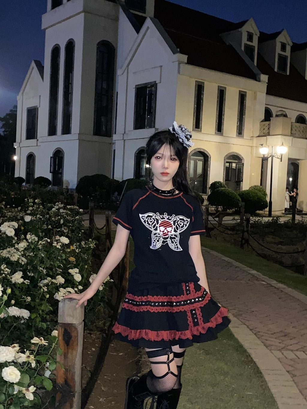 Alita26SS Rock Punk Print Heart Skull Butterfly Women's Cotton Slim T-shirts