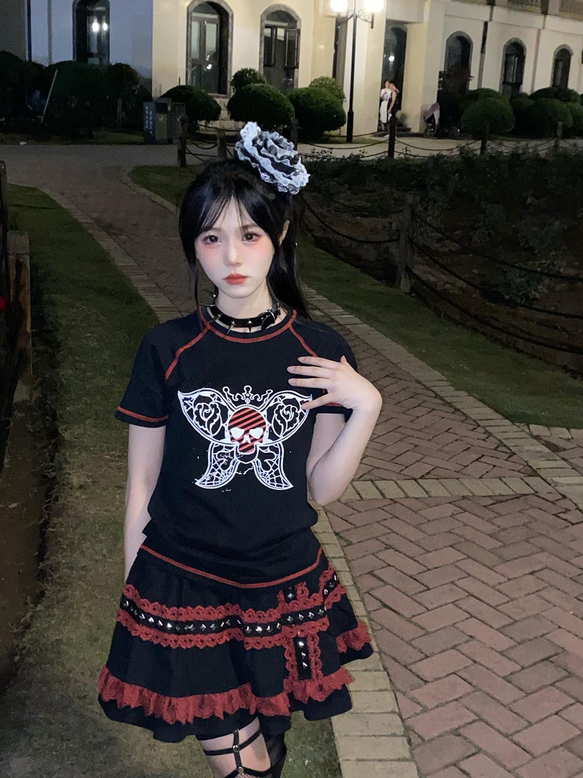 Alita26SS Rock Punk Print Heart Skull Butterfly Women's Cotton Slim T-shirts