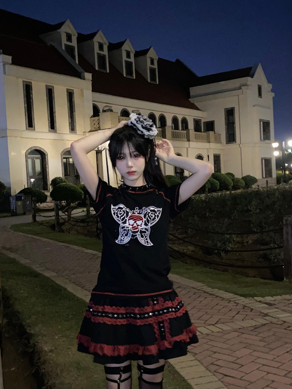 Alita26SS Rock Punk Print Heart Skull Butterfly Women's Cotton Slim T-shirts