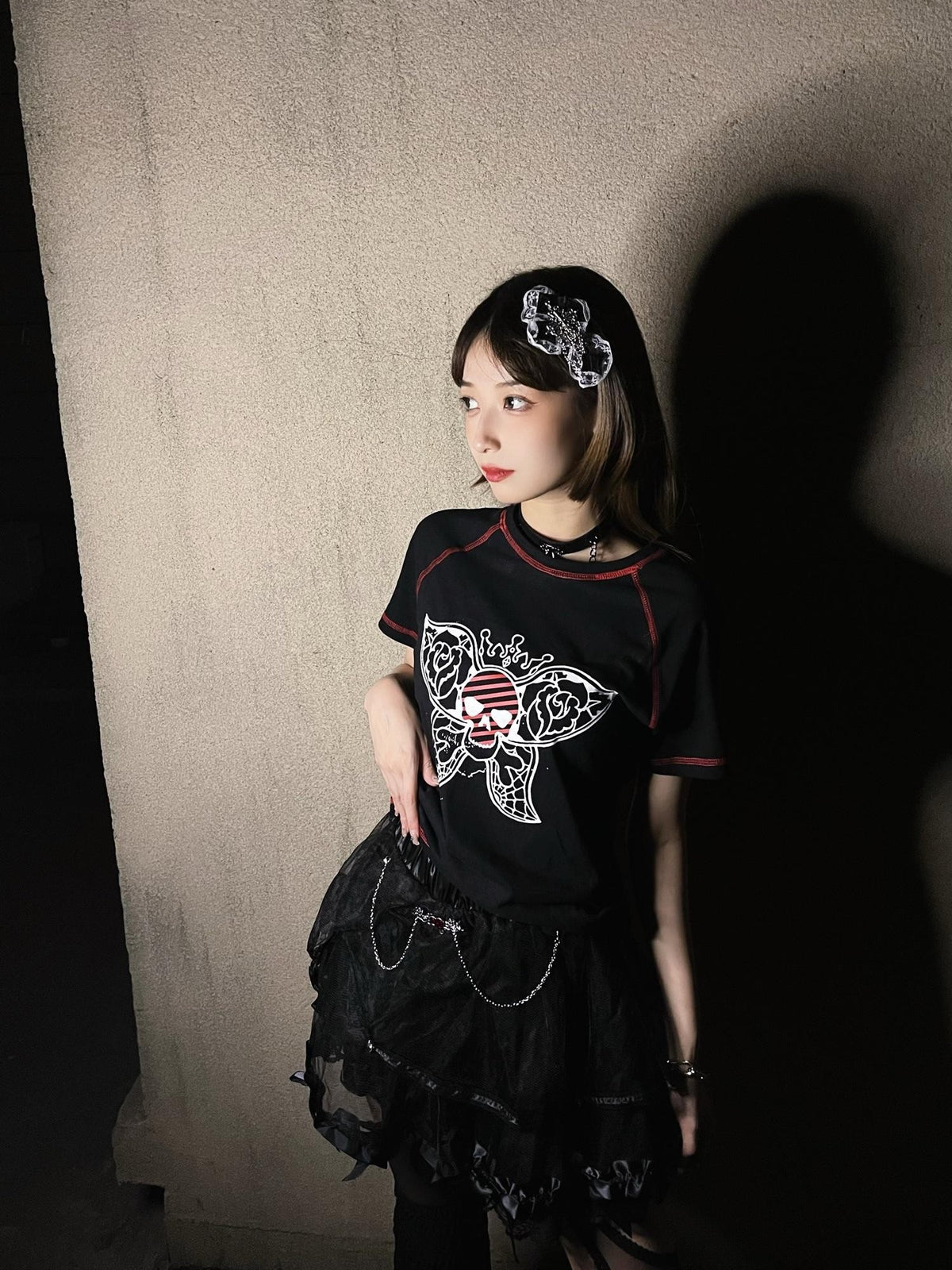Alita26SS Rock Punk Print Heart Skull Butterfly Women's Cotton Slim T-shirts