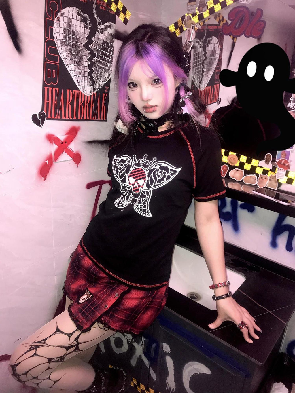 Alita26SS Rock Punk Print Heart Skull Butterfly Women's Cotton Slim T-shirts