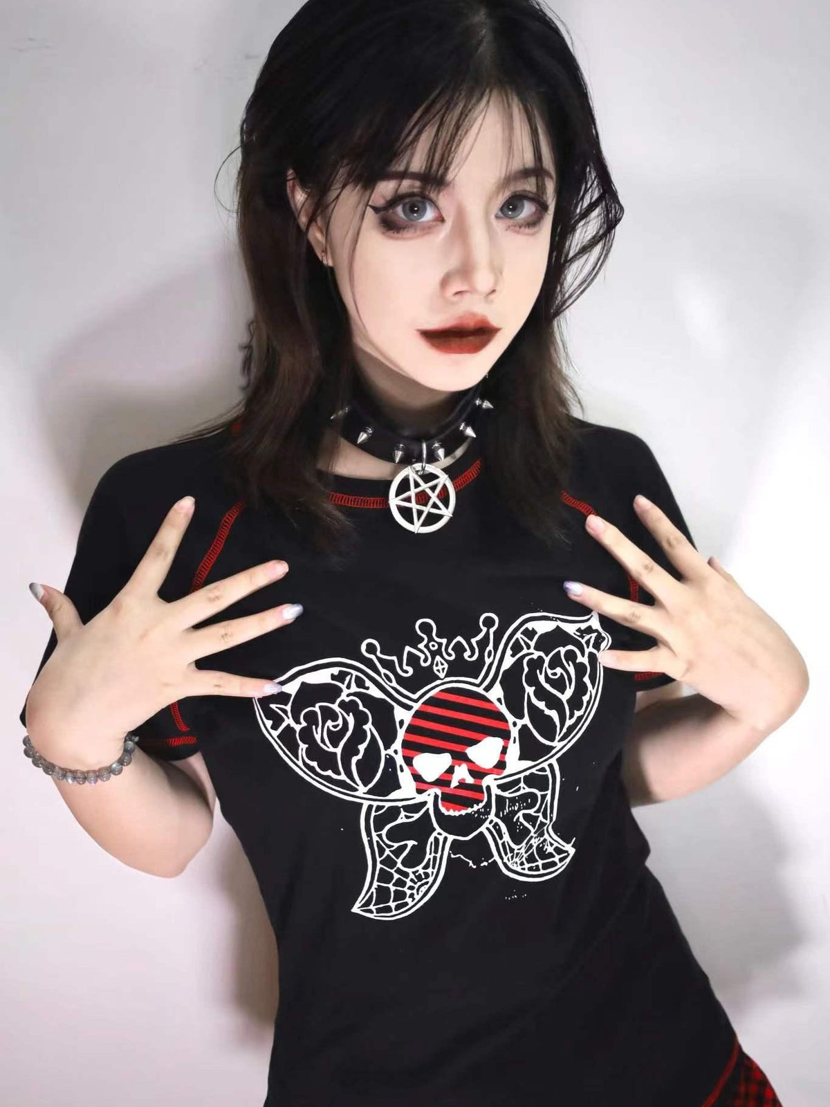 Alita26SS Rock Punk Print Heart Skull Butterfly Women's Cotton Slim T-shirts