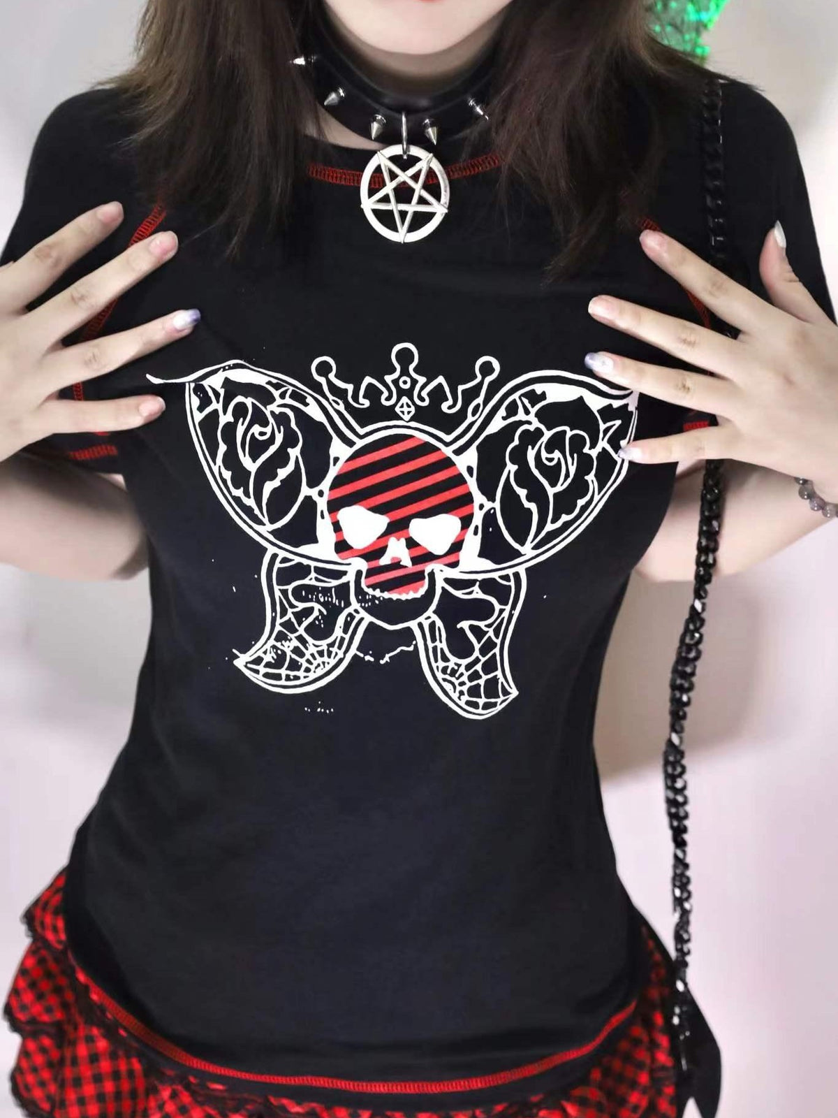 Alita26SS Rock Punk Print Heart Skull Butterfly Women's Cotton Slim T-shirts