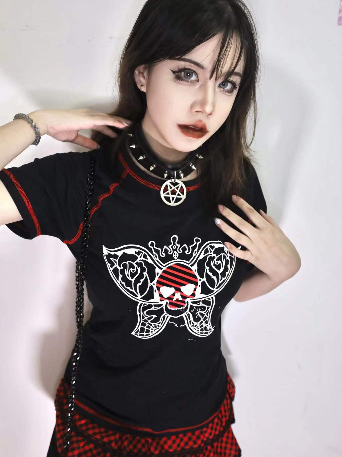 Alita26SS Rock Punk Print Heart Skull Butterfly Women's Cotton Slim T-shirts