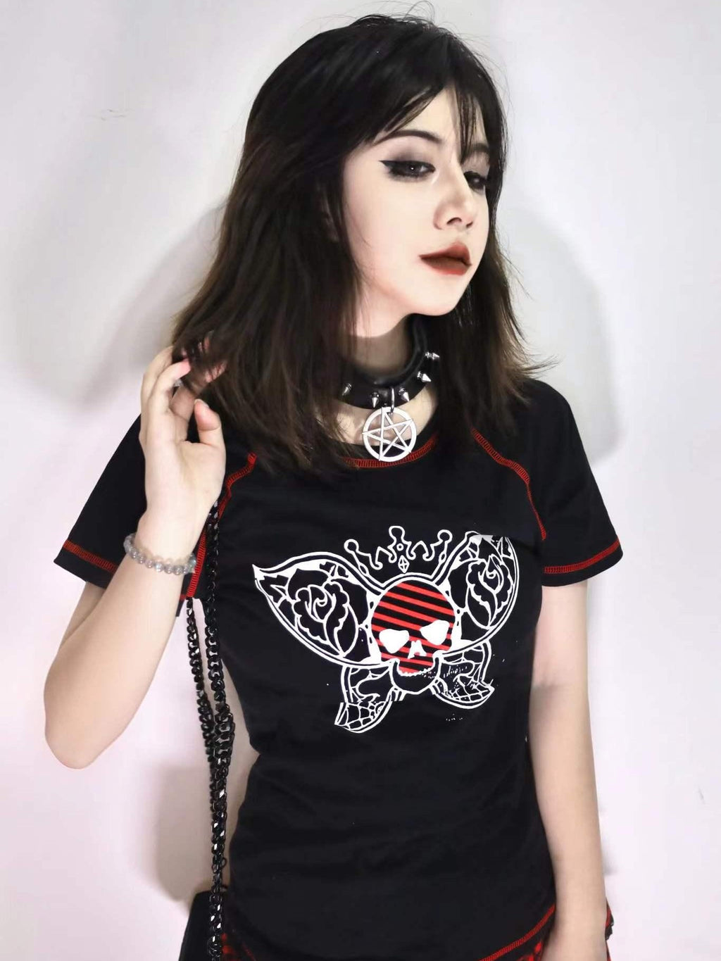 Alita26SS Rock Punk Print Heart Skull Butterfly Women's Cotton Slim T-shirts