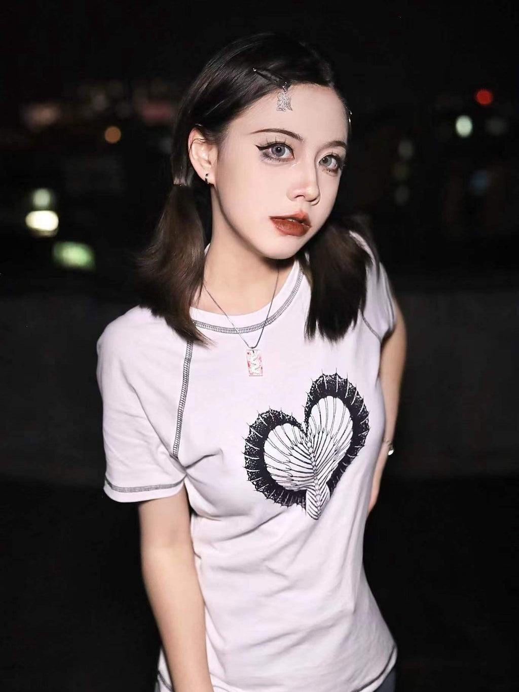 Alita26SS Rock Punk Print Heart Skull Butterfly Women's Cotton Slim T-shirts