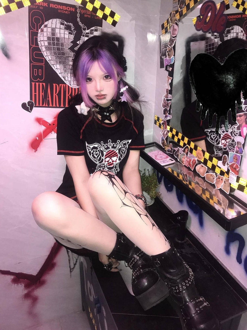 Alita26SS Rock Punk Print Heart Skull Butterfly Women's Cotton Slim T-shirts