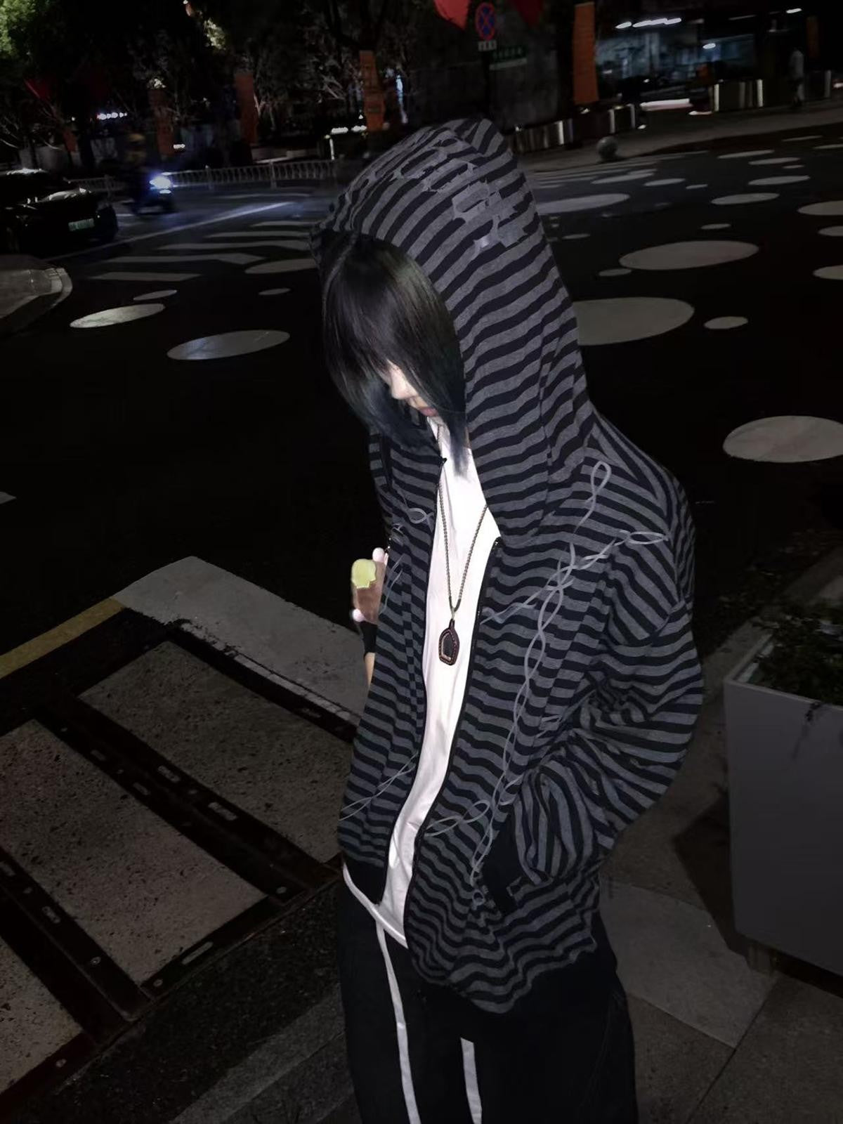 Alita26SS Striped Japanese Loose Fit Thin Cotton Women's Zip-up Hoodies