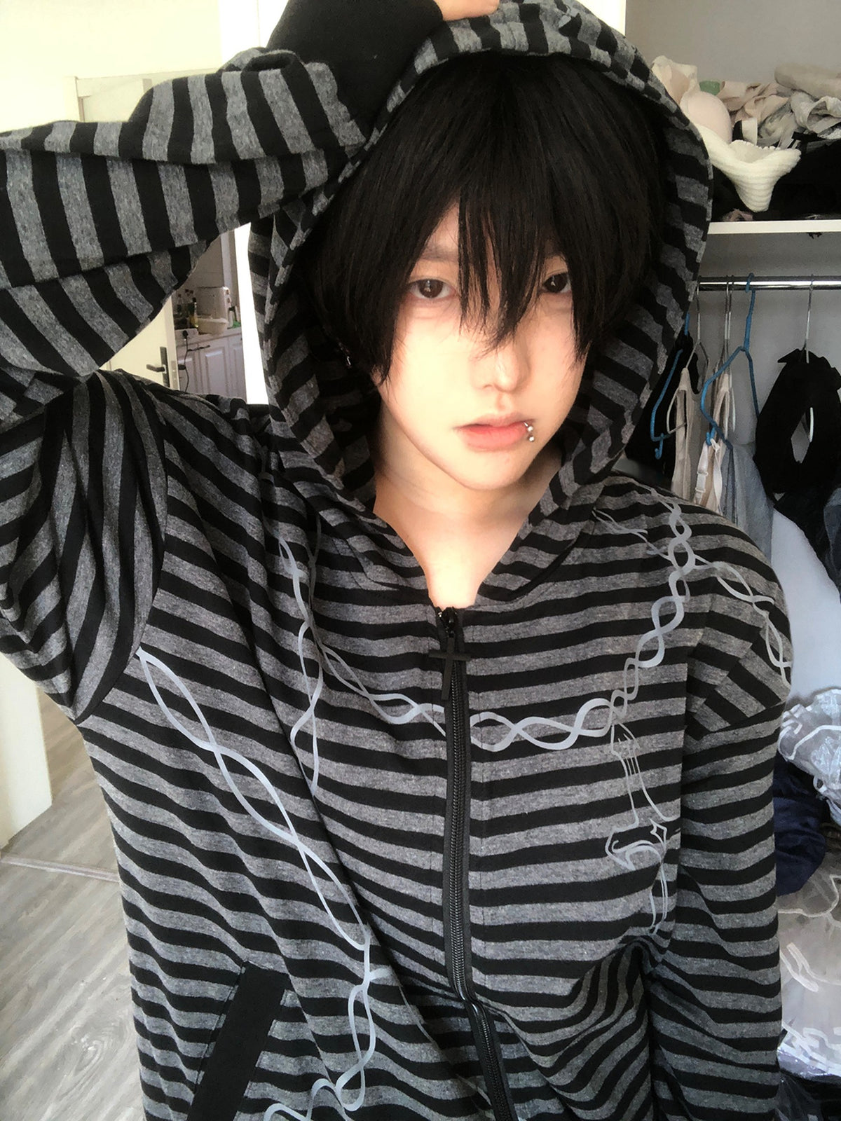 Alita26SS Striped Japanese Loose Fit Thin Cotton Women's Zip-up Hoodies