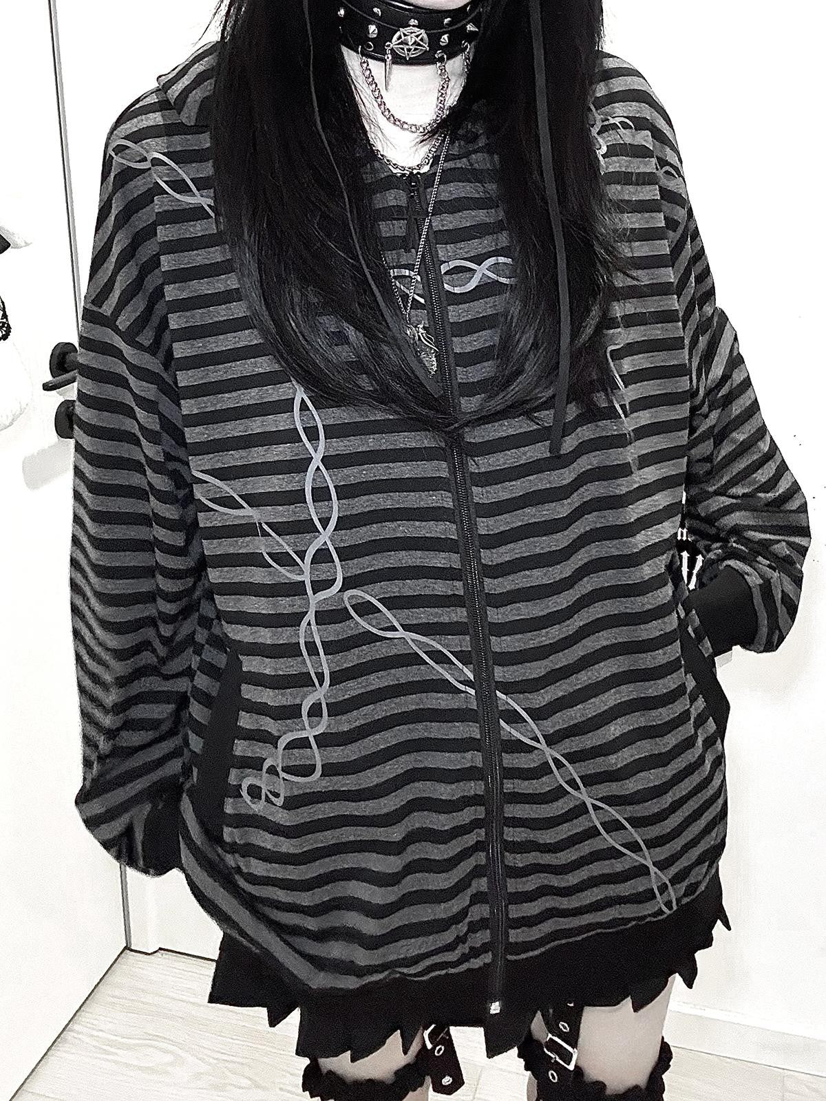 Alita26SS Striped Japanese Loose Fit Thin Cotton Women's Zip-up Hoodies