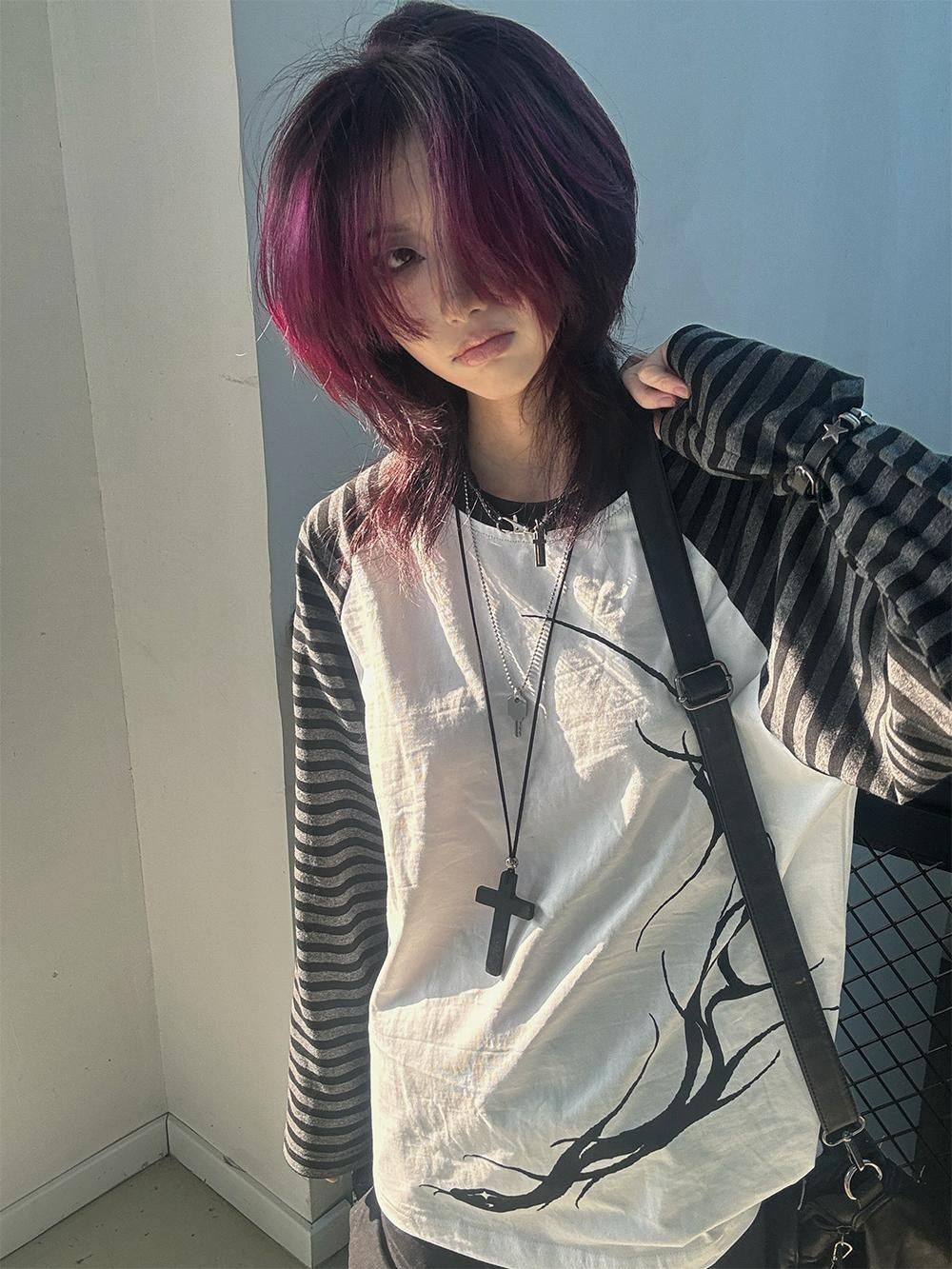 Alita26SS Striped Print Color Block Loose Women's Cotton Long Sleeve T-shirts
