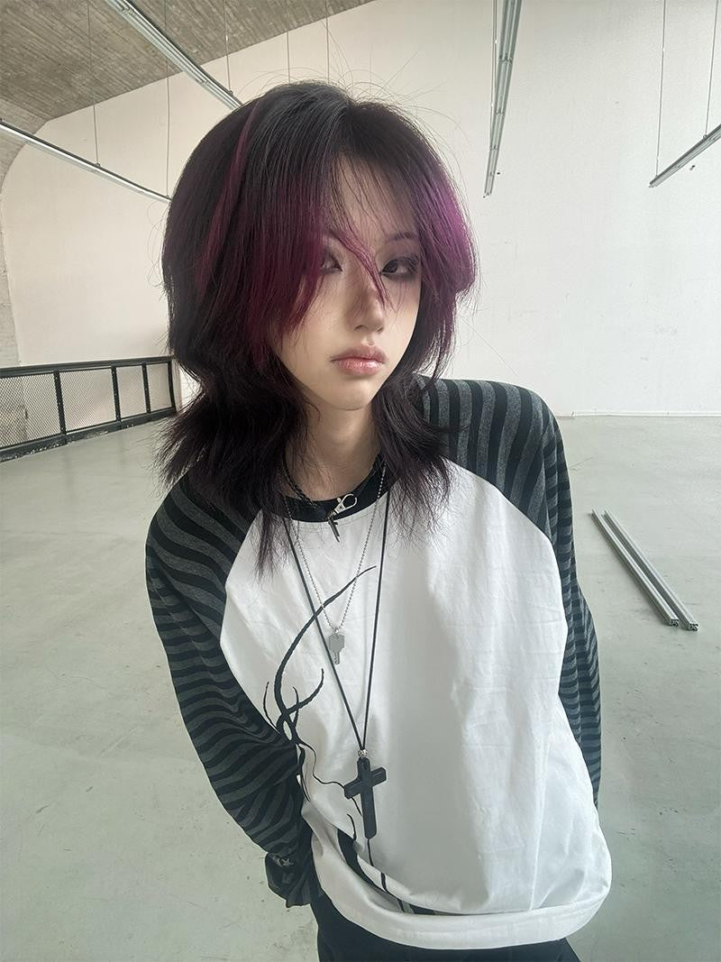 Alita26SS Striped Print Color Block Loose Women's Cotton Long Sleeve T-shirts
