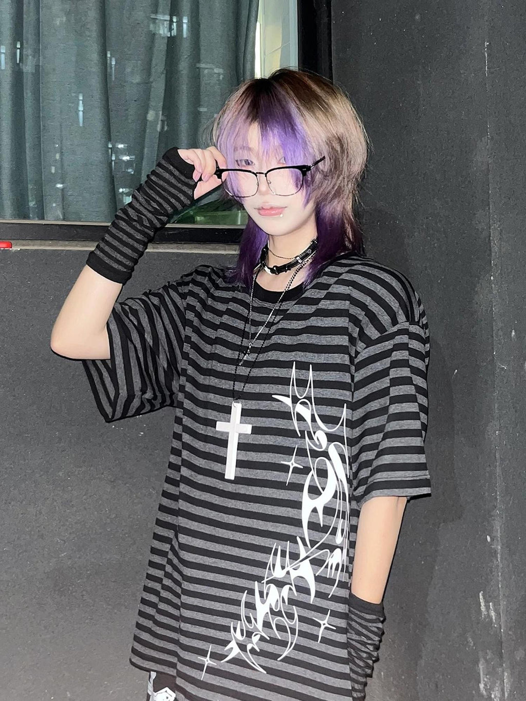 Alita26SS Striped Tattoo Print Loose Fit Women's Cotton Short Sleeve T-shirts