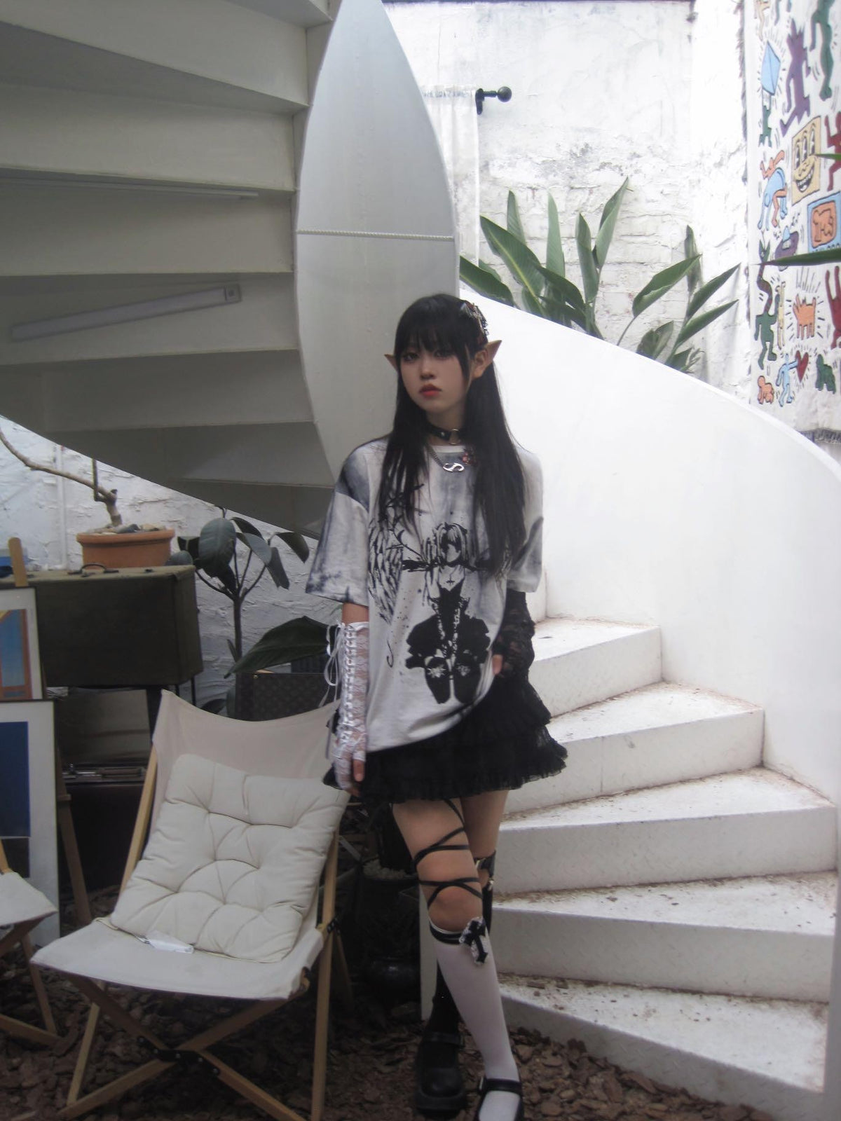 Alita26SS Tie Dye Cartoon Anime Print Women's Cotton Oversized T-shirts