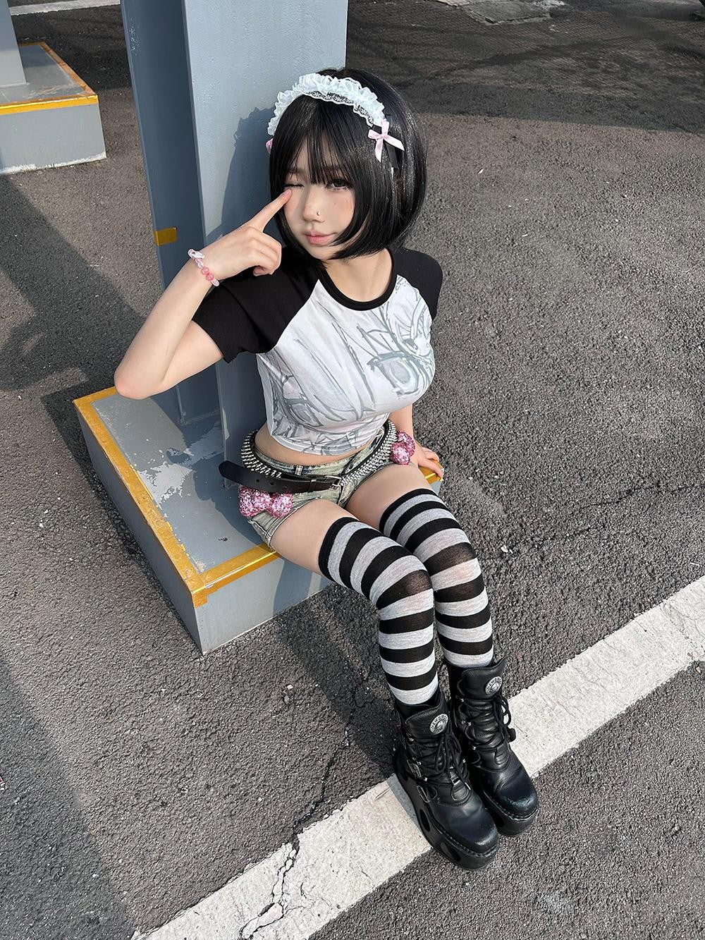Alita26SS Y2k Anime Subculture Graphic Raglan Sleeve Women's Cotton Crop Tops