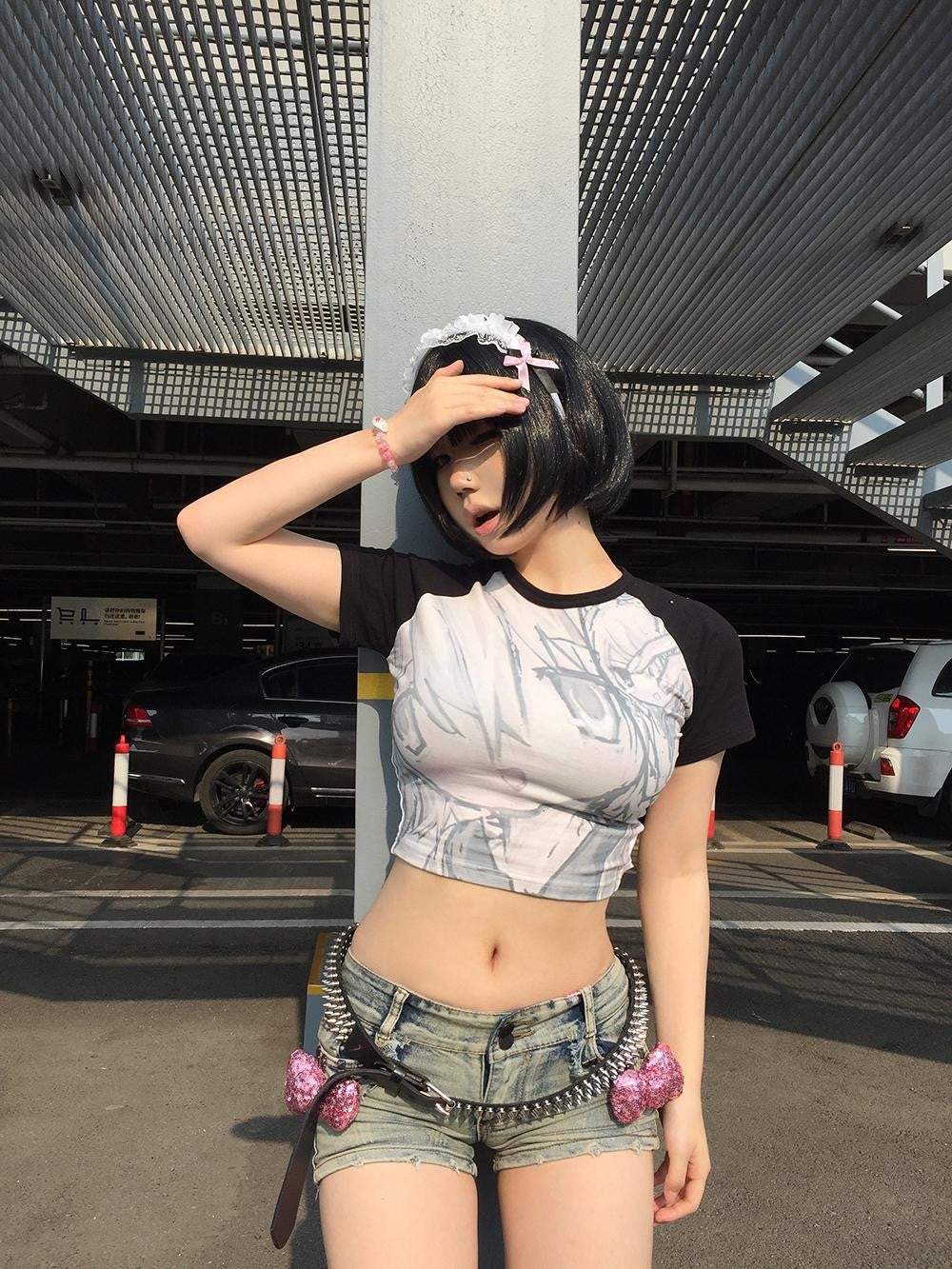 Alita26SS Y2k Anime Subculture Graphic Raglan Sleeve Women's Cotton Crop Tops