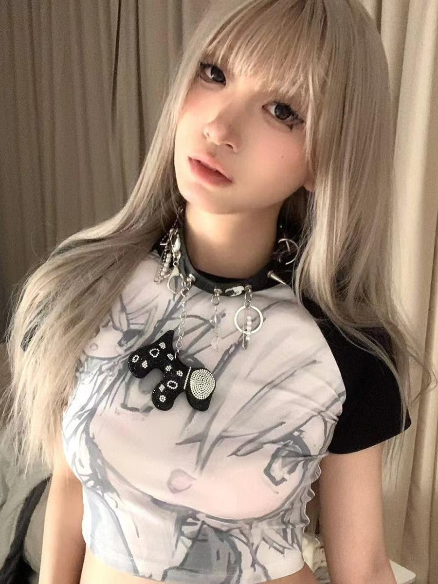 Alita26SS Y2k Anime Subculture Graphic Raglan Sleeve Women's Cotton Crop Tops
