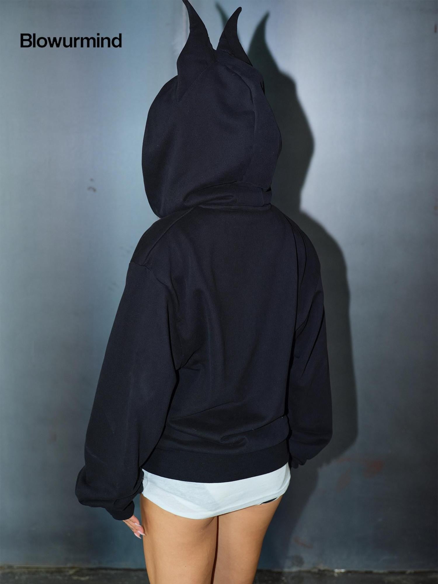BUM STUDIO 3d Devil Ears Women's High Gsm Combed Cotton Fleece Lined Loose Zip-up Hoodies