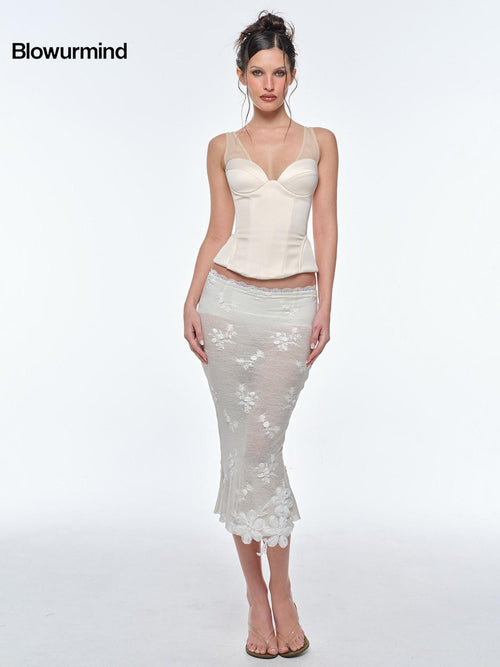 BUM STUDIO 3d Embroidered Sequin Sheer Low Waist Lined Slim Pencil Women's Lace Tulle Skirts
