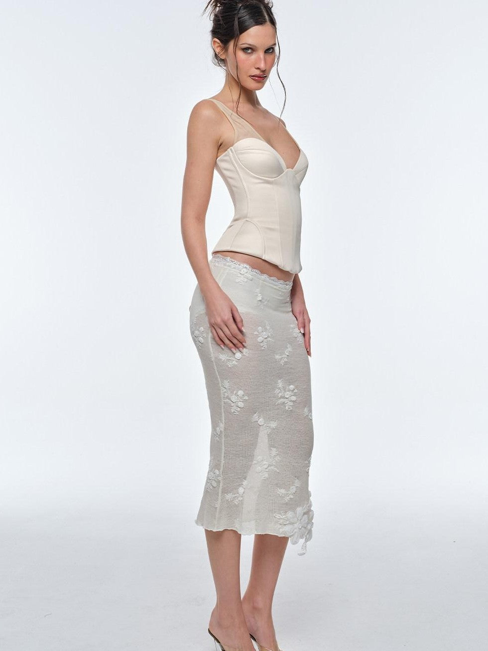 BUM STUDIO 3d Embroidered Sequin Sheer Low Waist Lined Slim Pencil Women's Lace Tulle Skirts