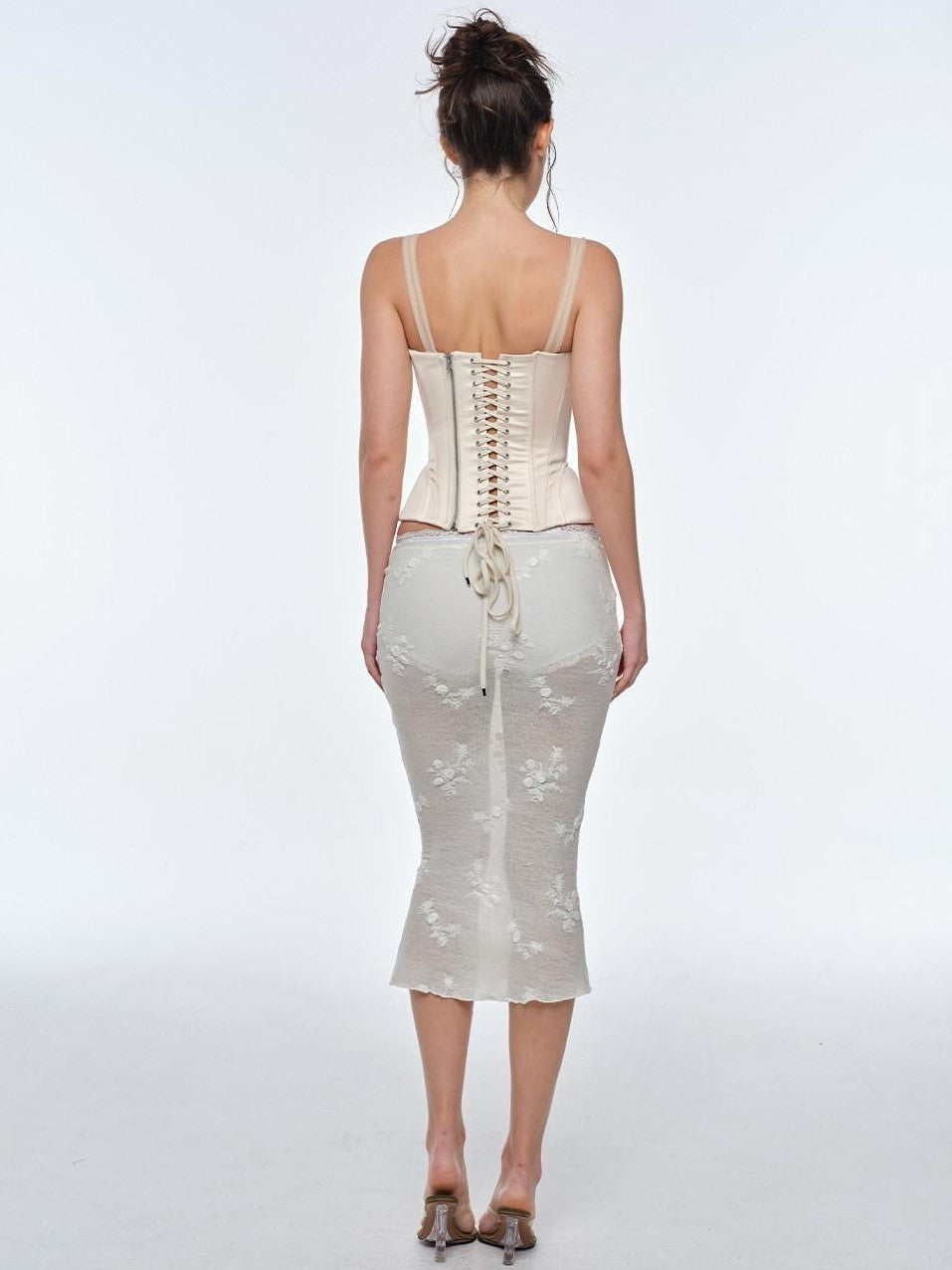 BUM STUDIO 3d Embroidered Sequin Sheer Low Waist Lined Slim Pencil Women's Lace Tulle Skirts