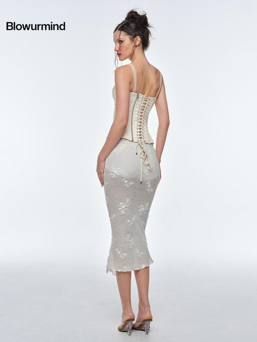 BUM STUDIO 3d Embroidered Sequin Sheer Low Waist Lined Slim Pencil Women's Lace Tulle Skirts
