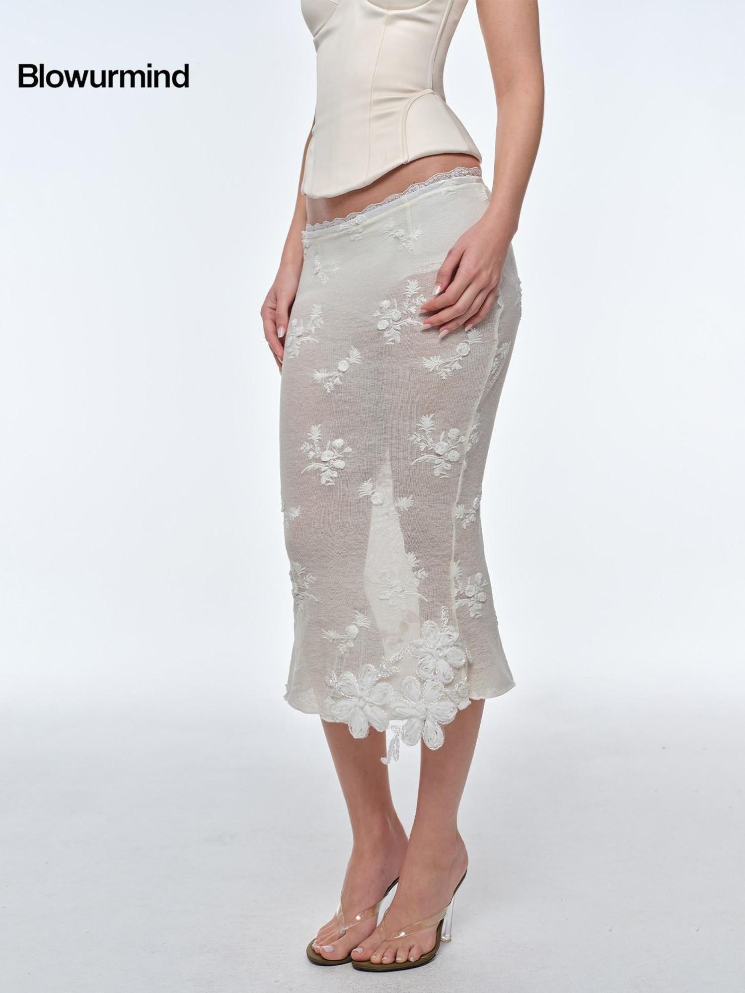 BUM STUDIO 3d Embroidered Sequin Sheer Low Waist Lined Slim Pencil Women's Lace Tulle Skirts