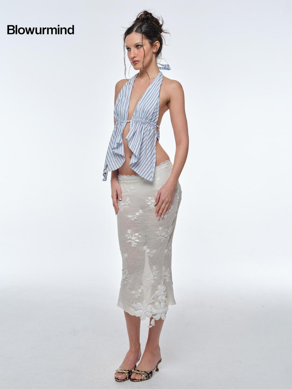 BUM STUDIO 3d Embroidered Sequin Sheer Low Waist Lined Slim Pencil Women's Lace Tulle Skirts