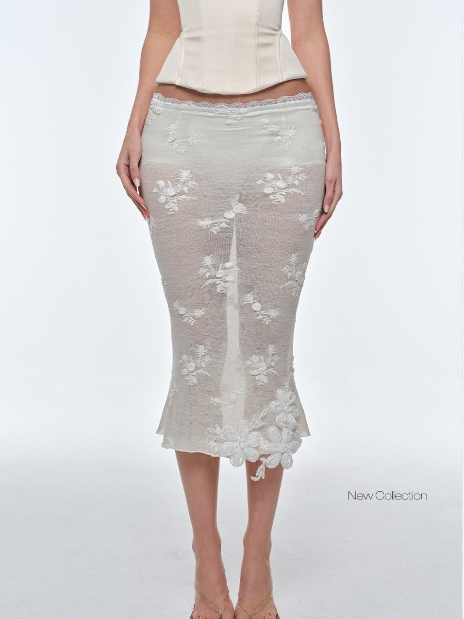 BUM STUDIO 3d Embroidered Sequin Sheer Low Waist Lined Slim Pencil Women's Lace Tulle Skirts