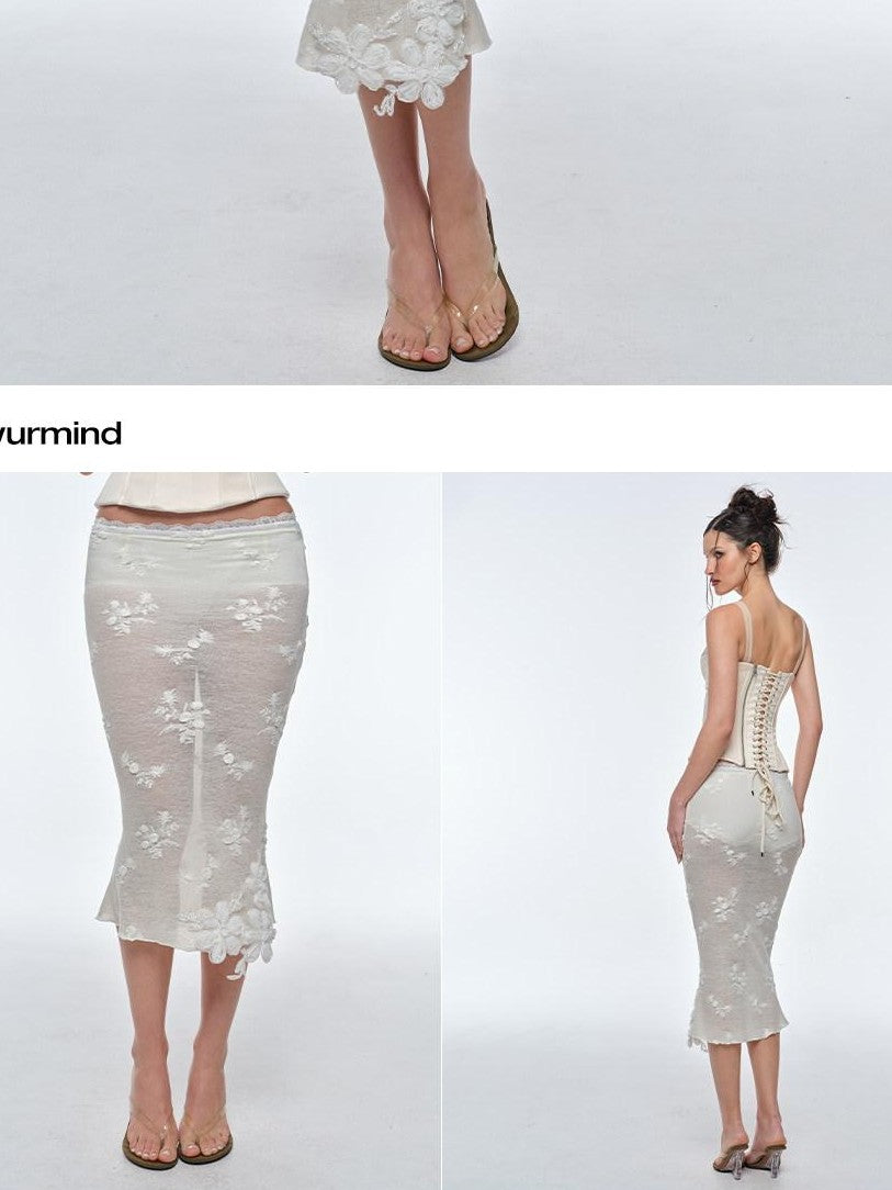 BUM STUDIO 3d Embroidered Sequin Sheer Low Waist Lined Slim Pencil Women's Lace Tulle Skirts