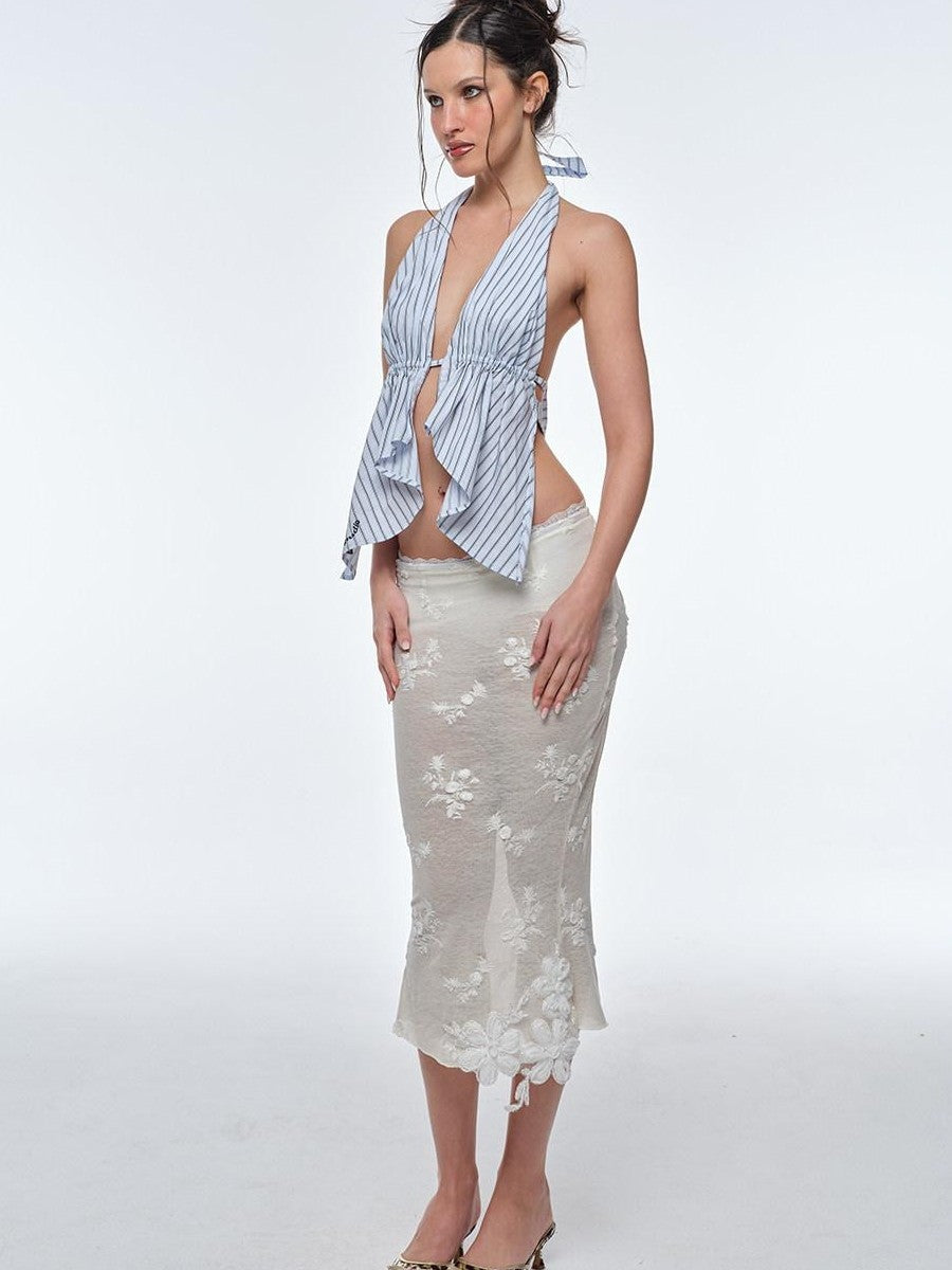 BUM STUDIO 3d Embroidered Sequin Sheer Low Waist Lined Slim Pencil Women's Lace Tulle Skirts