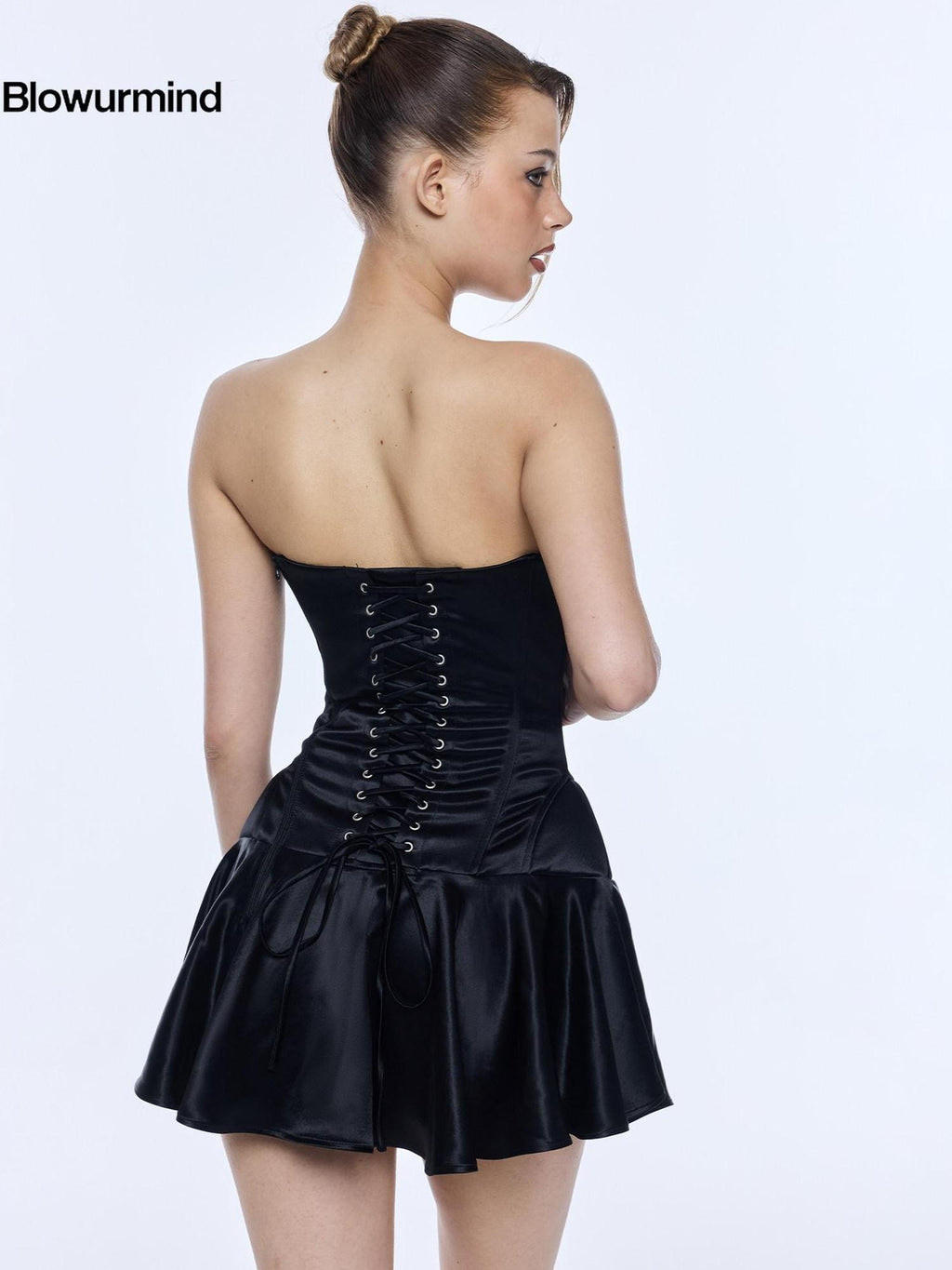 BUM STUDIO Acetate Boned Corset Adjustable Waist Tie Puff Skirt Women's Tube Mini Dresses