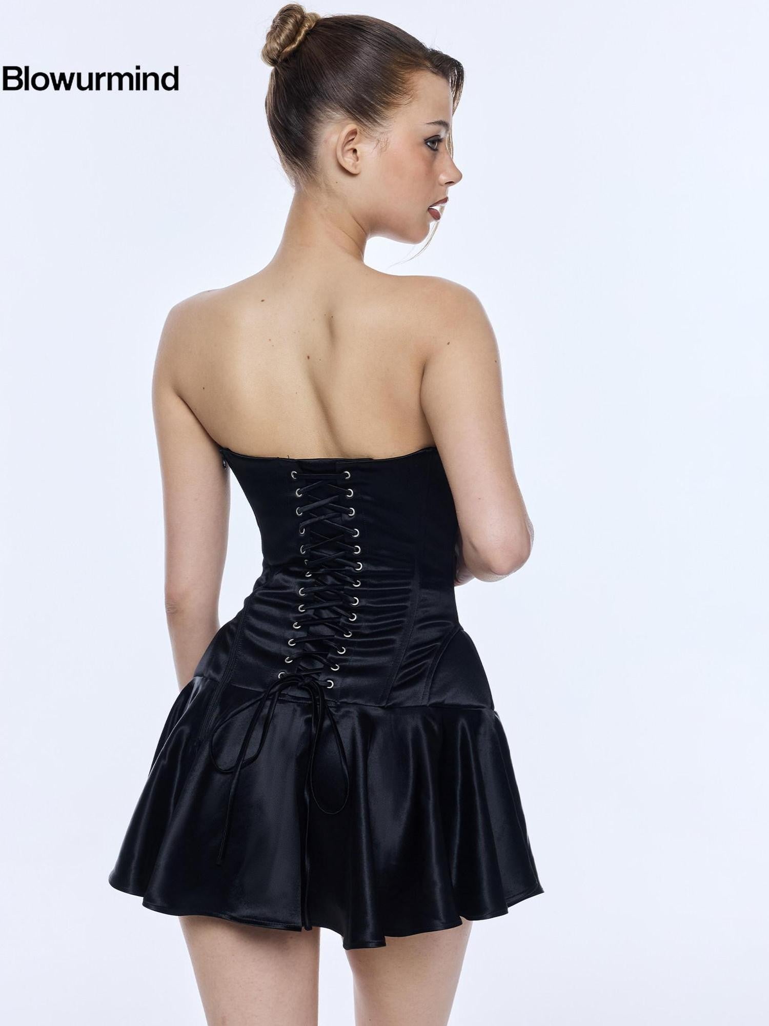BUM STUDIO Acetate Boned Corset Adjustable Waist Tie Puff Skirt Women's Tube Mini Dresses