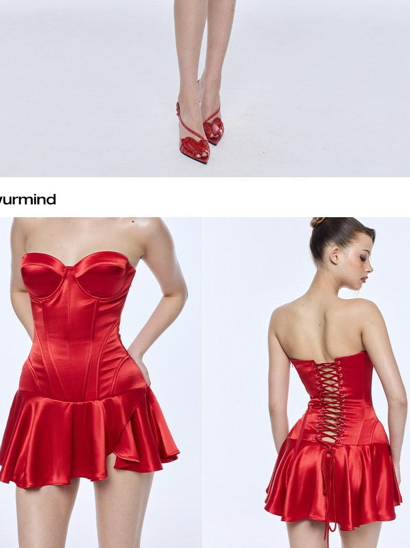 BUM STUDIO Acetate Boned Corset Adjustable Waist Tie Puff Skirt Women's Tube Mini Dresses