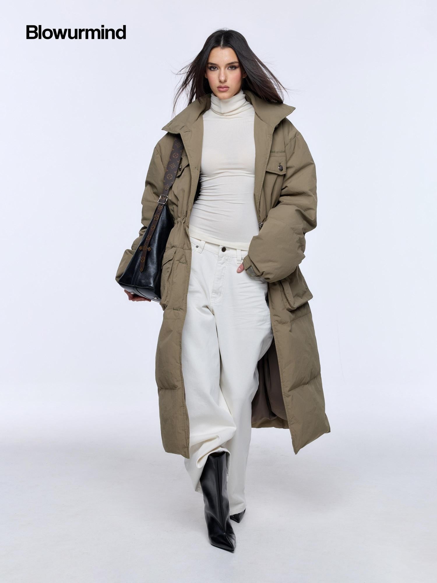 BUM STUDIO Army Green Vintage Workwear Cinch Waist Stand Collar Women's Down Jackets