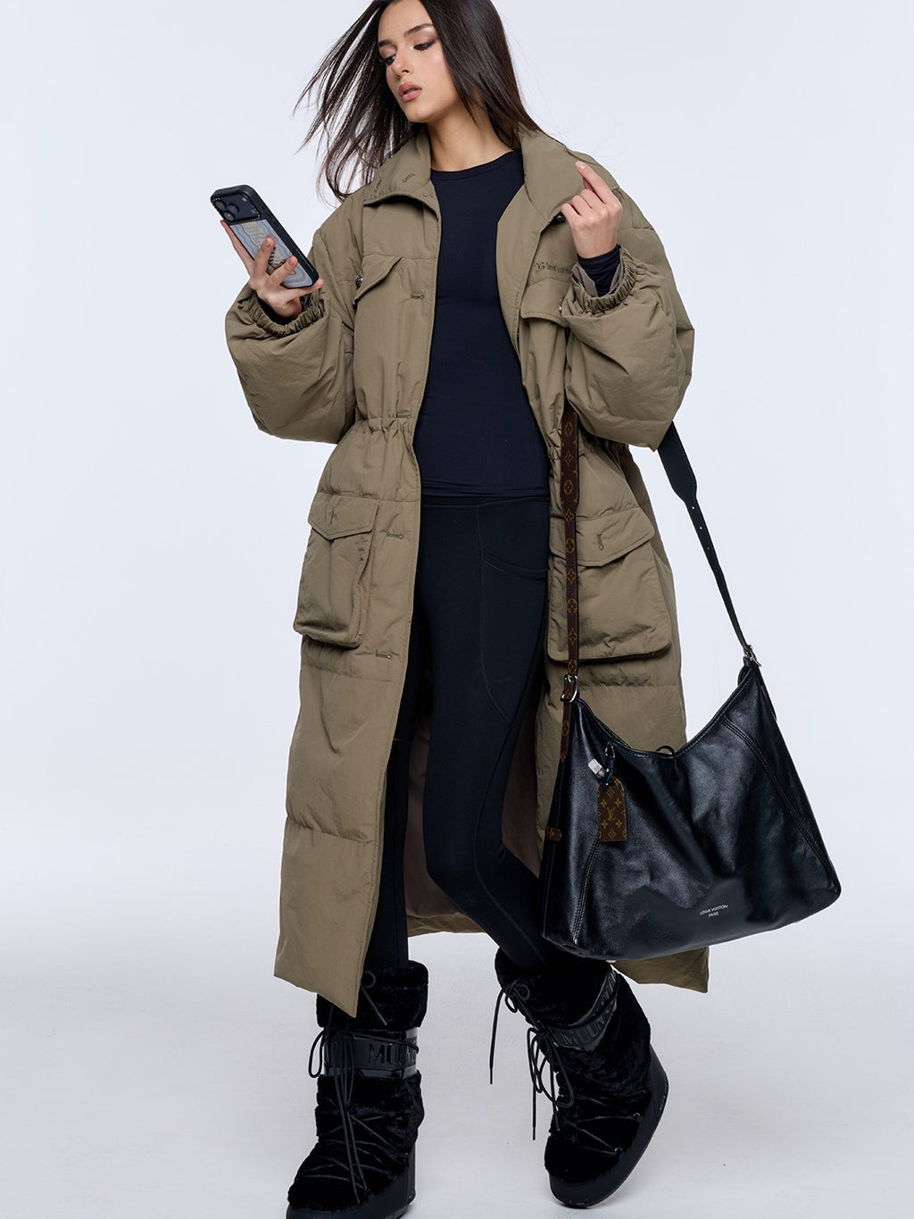 BUM STUDIO Army Green Vintage Workwear Cinch Waist Stand Collar Women's Down Jackets