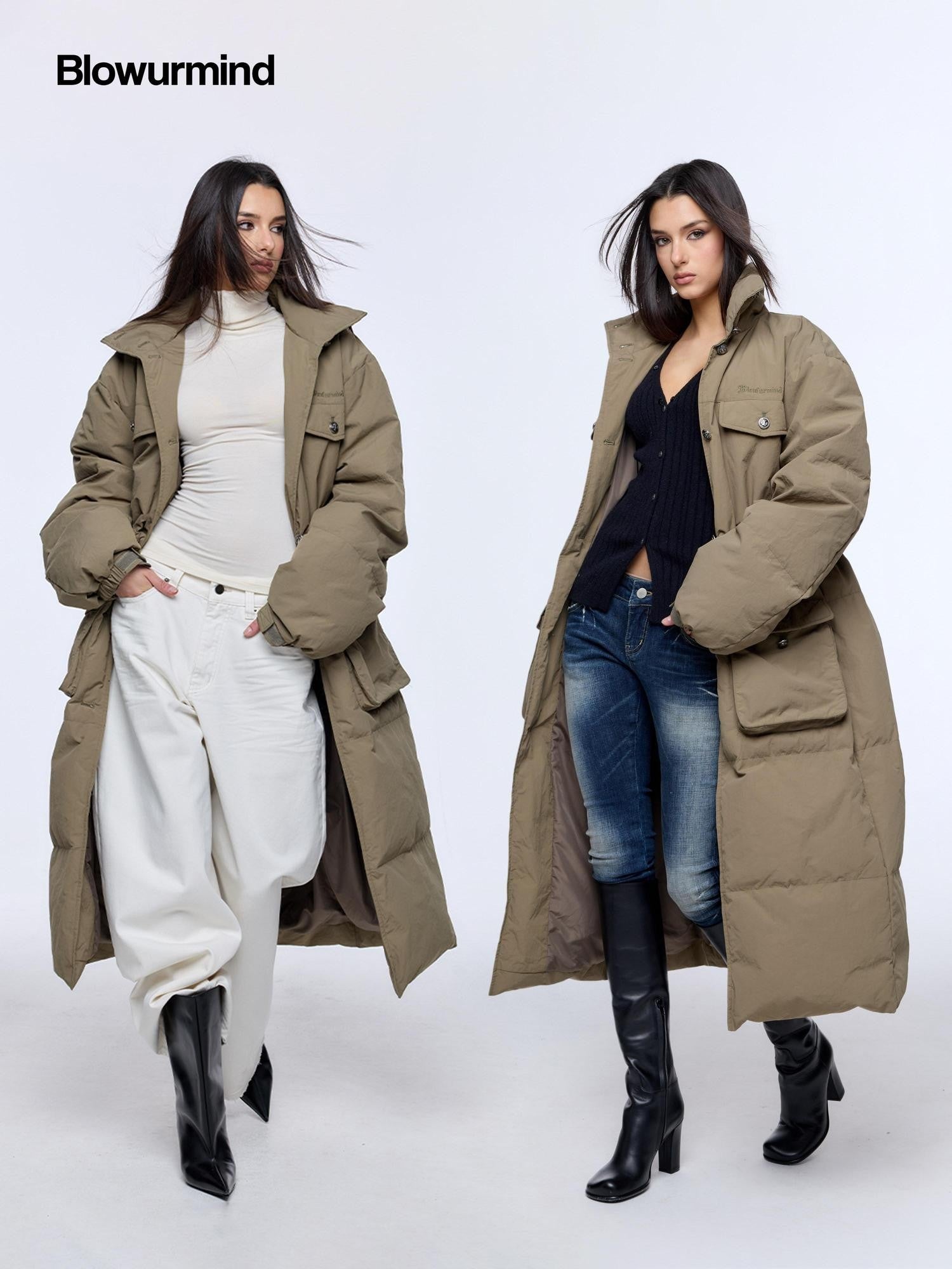 BUM STUDIO Army Green Vintage Workwear Cinch Waist Stand Collar Women's Down Jackets