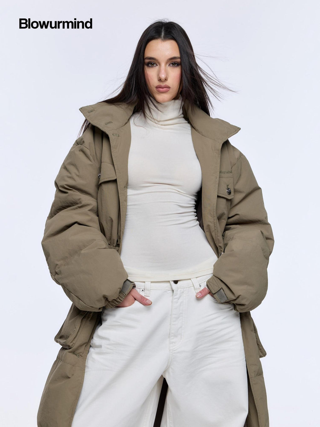BUM STUDIO Army Green Vintage Workwear Cinch Waist Stand Collar Women's Down Jackets