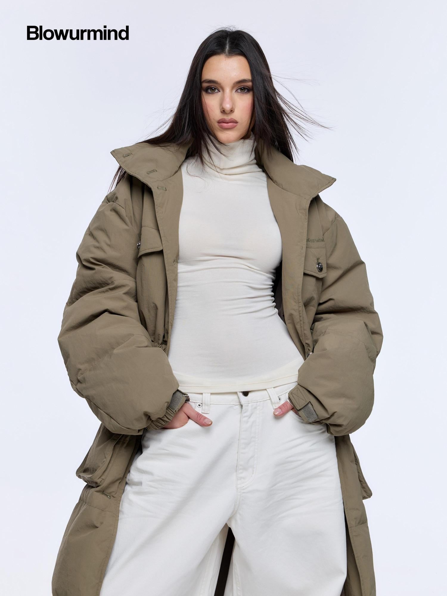 BUM STUDIO Army Green Vintage Workwear Cinch Waist Stand Collar Women's Down Jackets