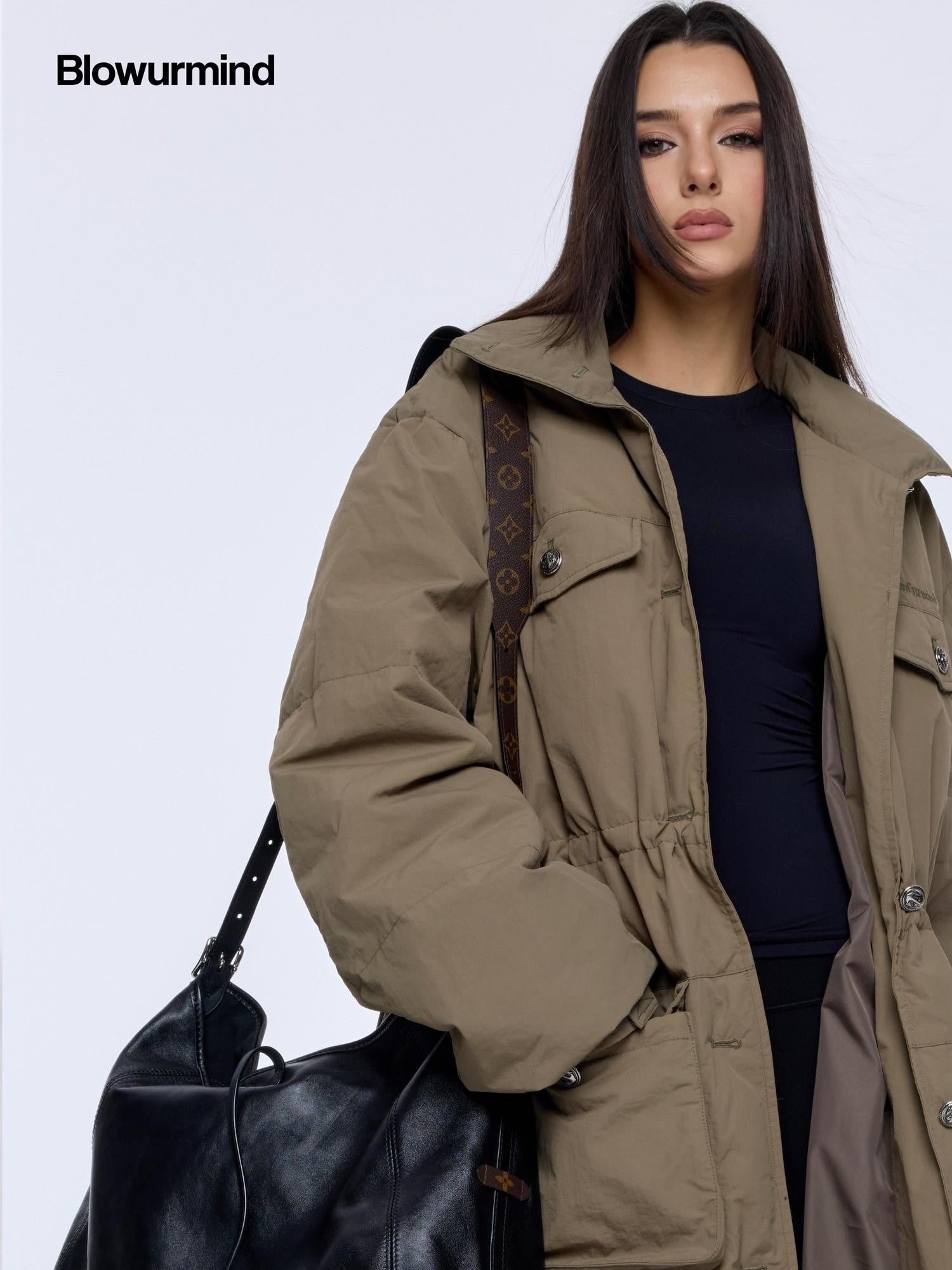 BUM STUDIO Army Green Vintage Workwear Cinch Waist Stand Collar Women's Down Jackets