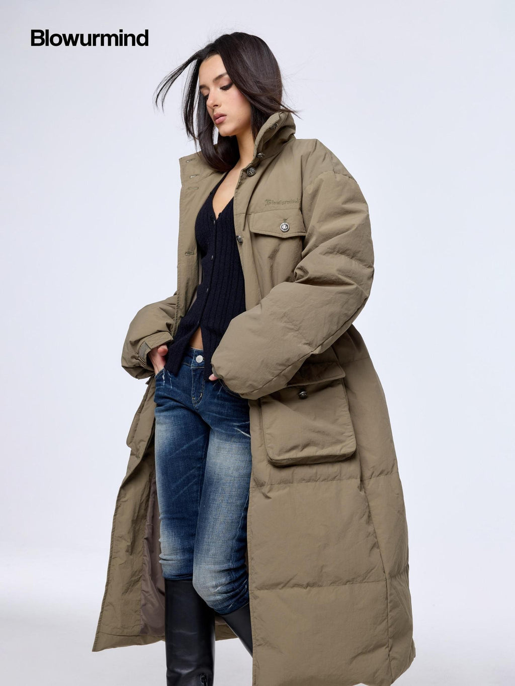 BUM STUDIO Army Green Vintage Workwear Cinch Waist Stand Collar Women's Down Jackets