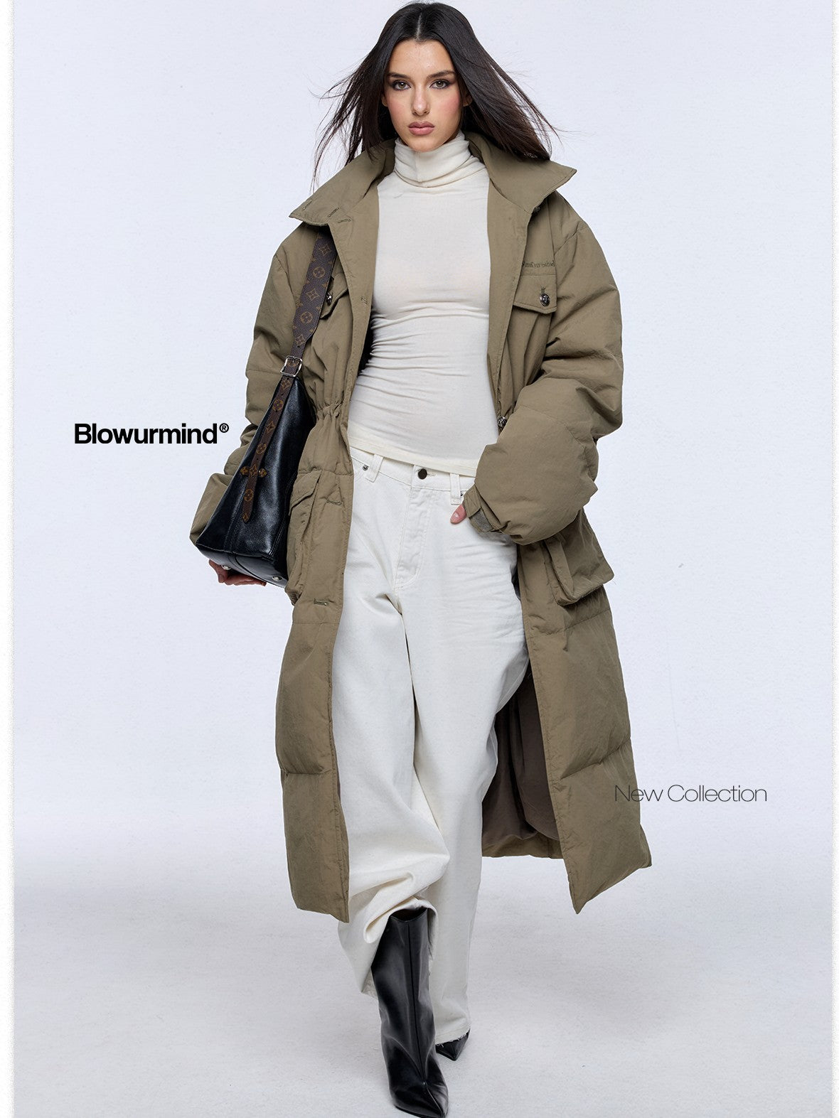 BUM STUDIO Army Green Vintage Workwear Cinch Waist Stand Collar Women's Down Jackets