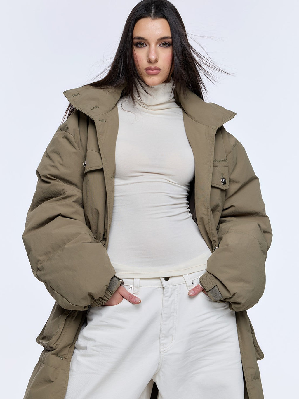 BUM STUDIO Army Green Vintage Workwear Cinch Waist Stand Collar Women's Down Jackets