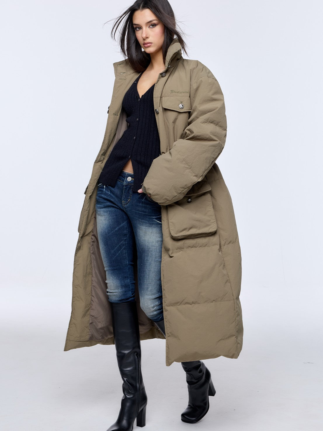 BUM STUDIO Army Green Vintage Workwear Cinch Waist Stand Collar Women's Down Jackets