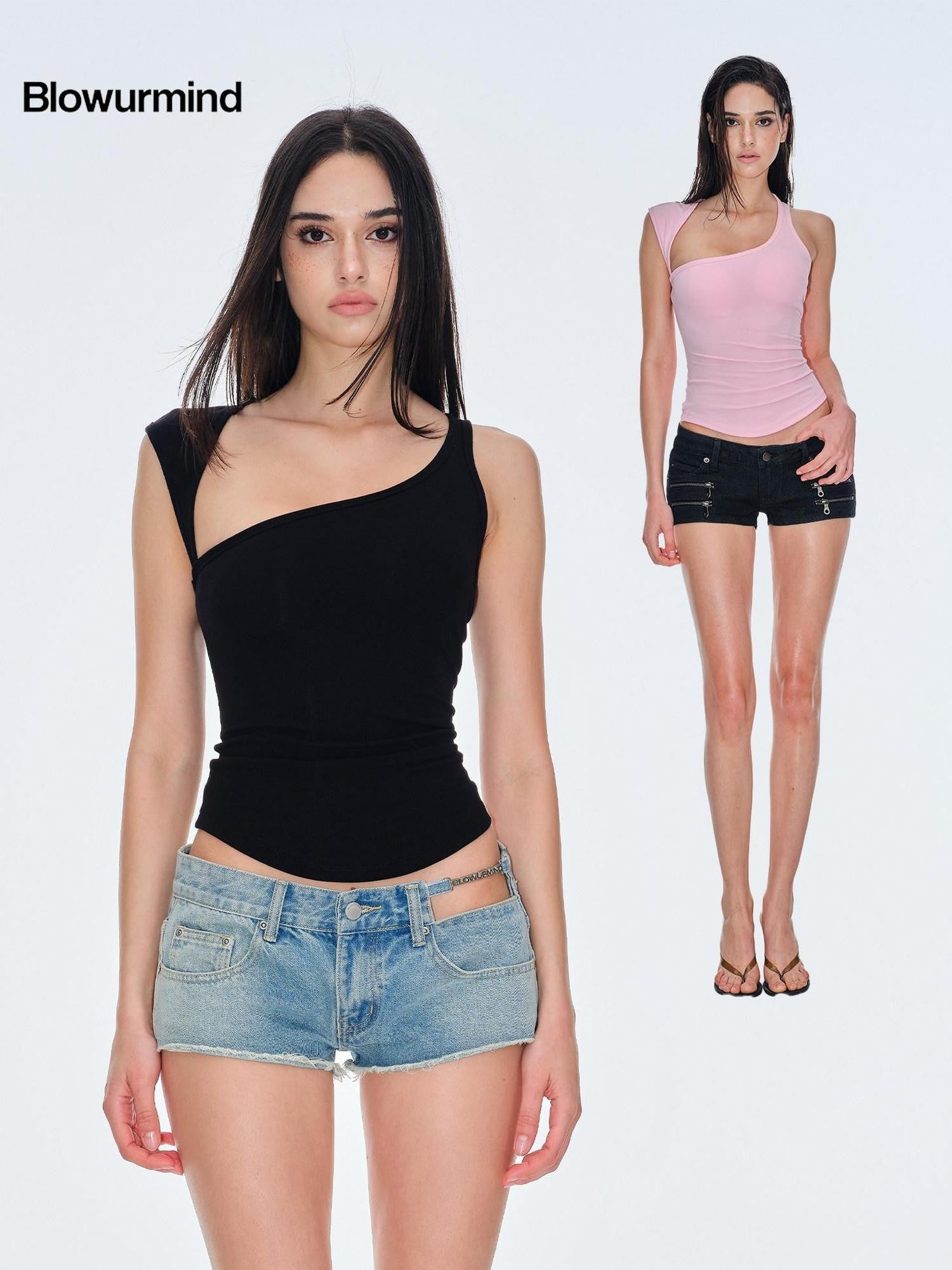 BUM STUDIO Asymmetric Cutout Back Slimming With Bra Pad Women's Cotton Blend Tank Tops