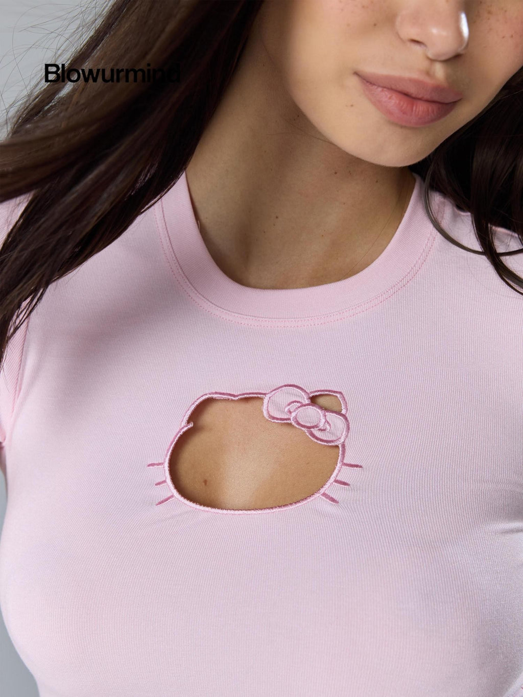 BUM STUDIO Babe Pink Embroidered Cat Cutout Slim Women's Cotton Spandex Crop Tops
