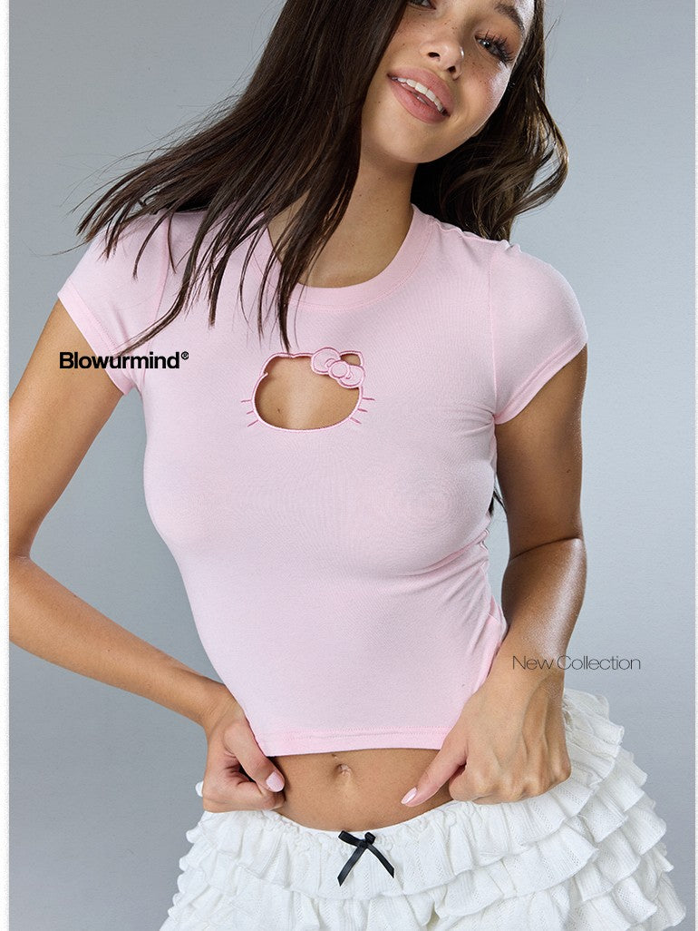 BUM STUDIO Babe Pink Embroidered Cat Cutout Slim Women's Cotton Spandex Crop Tops