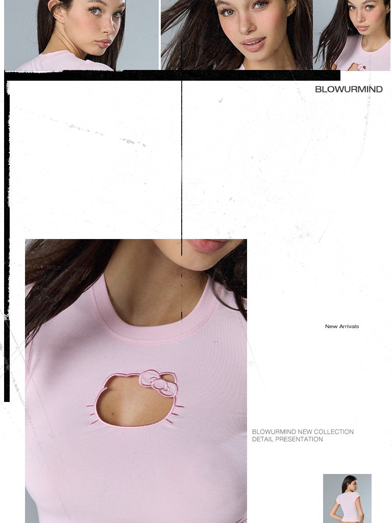 BUM STUDIO Babe Pink Embroidered Cat Cutout Slim Women's Cotton Spandex Crop Tops