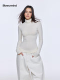 BUM STUDIO Beige Slim Cinched High Neck Women's Modal Wool Blend Long Sleeve T-shirts